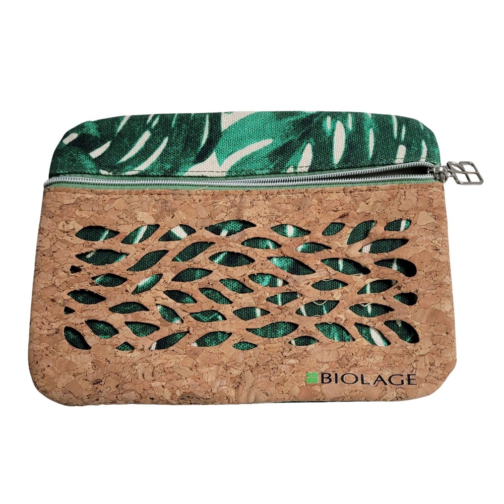 Biolage Cosmetic Pouch Women Small Green Cork Tropical Monstera Leaf Zippered